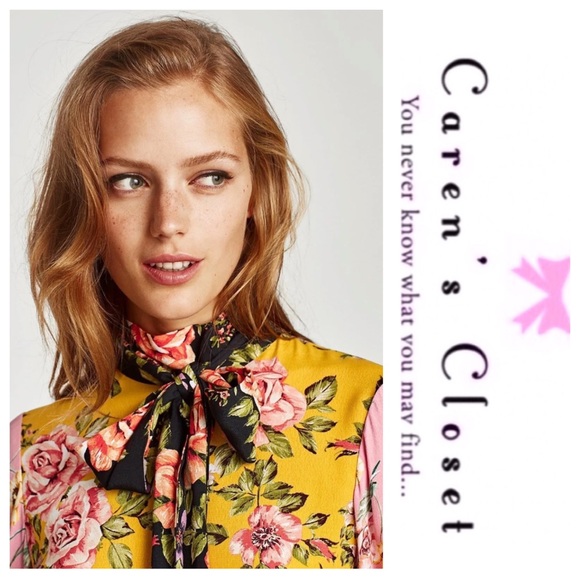 Zara Mixed Floral Long Sleeve Tie Neck Boho Chic Dress - Picture 4 of 12